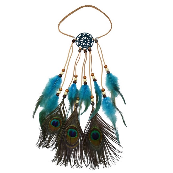 Boho Peacock & Blue Feather Dreamcatcher Headdress - Picture 2 of 11